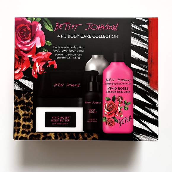 NIB 4pc BETSEY JOHNSON Body Care Gift Box Set Vivid Roses Wash Lotion Scrub - Picture 1 of 5